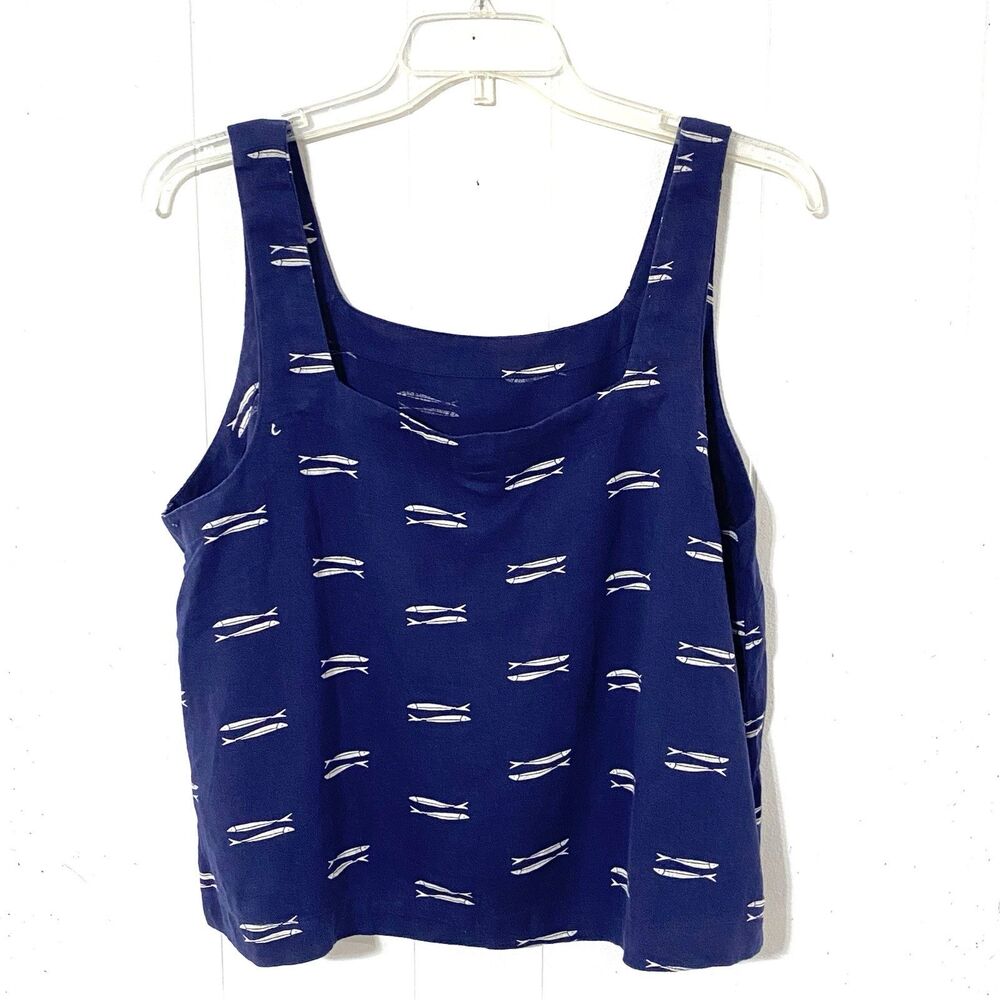 NWT A New Day TANK TOP Linen Rayon XXL Blue FISH Ivory PRINT Shirt
